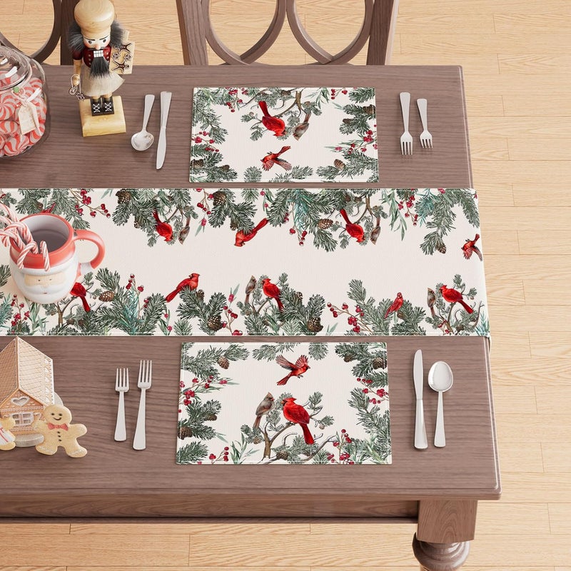 XCHI Cardinal Birds Winter Pine Tree Christmas Xmas Placemats Set of 4 Table Mats for Party Home Kitchen Dining Table Decorations 12x18 Inch - Image 3